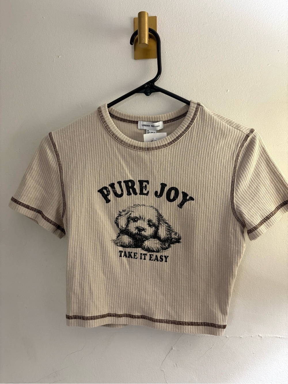 Urban Revivo Beige Ribbed 'Pure Joy' Puppy Graphic Tee - Picture 2 of 3